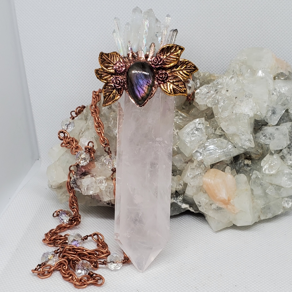 Rose Quartz Necklace W/ Rare Purple Labradorite
